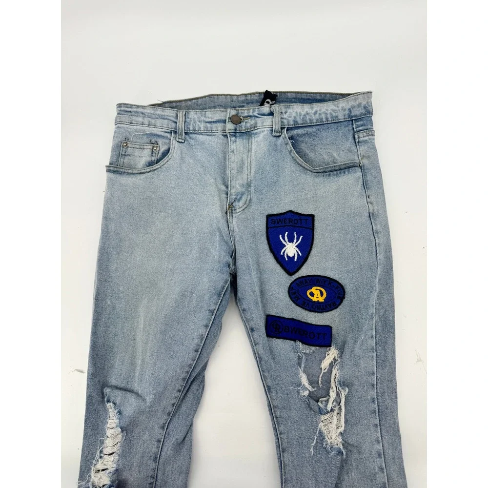 BWEROTT Mens Distressed Light Wash Jeans with Spider Patches Size 35x31
